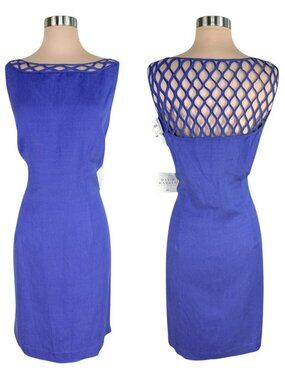 David Warren Perwinkle Linen Rayon Cage Cutout Back Neck Sheath Dress NWT New 14